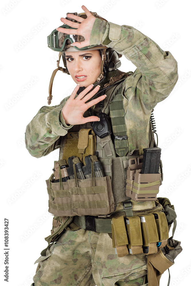 Portrait beautiful soldier or private military contractor with rifle. war, army, weapon, technology and people concept. Image on a white background. Portrait beautiful soldier or private military contractor with rifle. war, army, weapon, technology and people concept. Image on a white background.