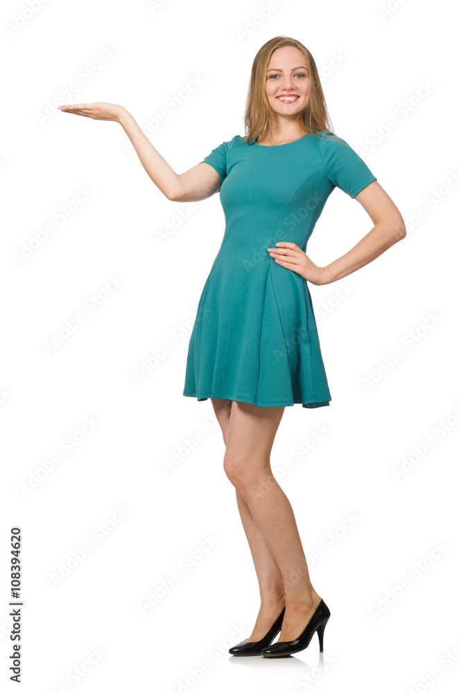 Fototapeta premium Charming caucasian woman wearing green dress isolated on white