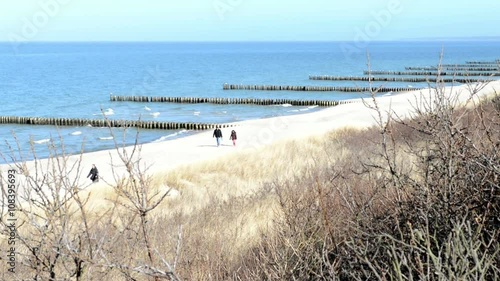 Beach and cliff between villages Ahrenshoop and Wustrow (Mecklenburg-Vorpommern, Germany). People walking along the beach 
