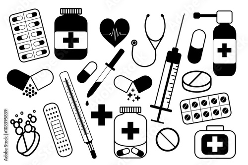 Medical signs (tablets, injection, thermometer and other medical accessories)