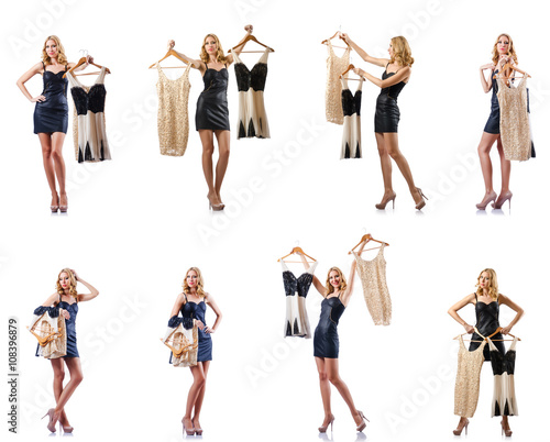 Set of photos with woman trying new clothing