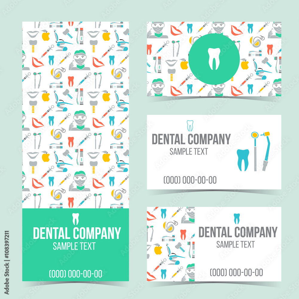 Set of flyer, brochure and business cards for dental clinic. Set of promotional products. Flat design. Vector illustration
