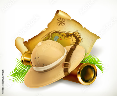 Pith helmet. Treasure map. Adventure vector icon