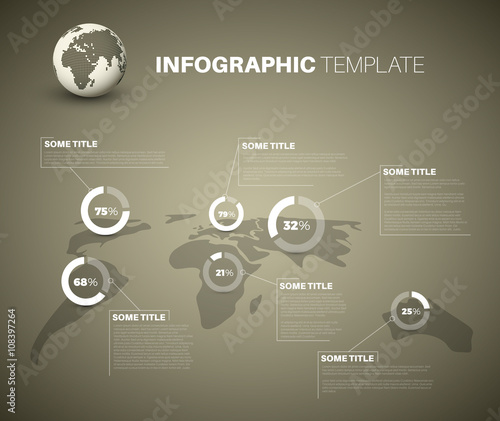Blue World map infographic template with pie charts