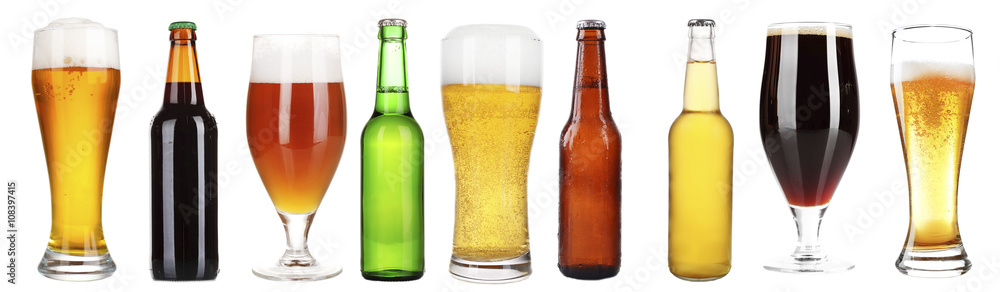 Different types of beer in glasses and bottles, isolated on white
