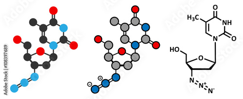 Zidovudine (azidothymidine, AZT) HIV drug molecule.