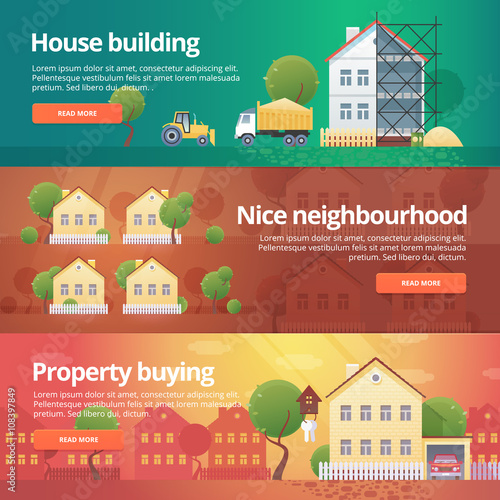 Construction and building banners set. Flat illustrations on the theme of property buying, neighbourhood, house building, real estate. 