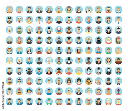 People avatar collection. Flat circle icons of people, occupations, works. People portraits, cartoon people, people lifestyles. Human role. People society. 