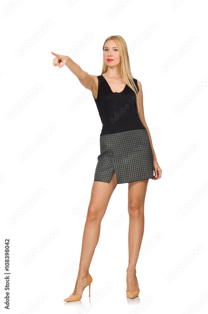 Blond hair model wearing gray skirt isolated on white Blond hair model wearing gray skirt isolated on white