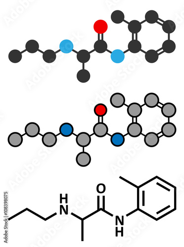 Prilocaine local anesthetic drug molecule.