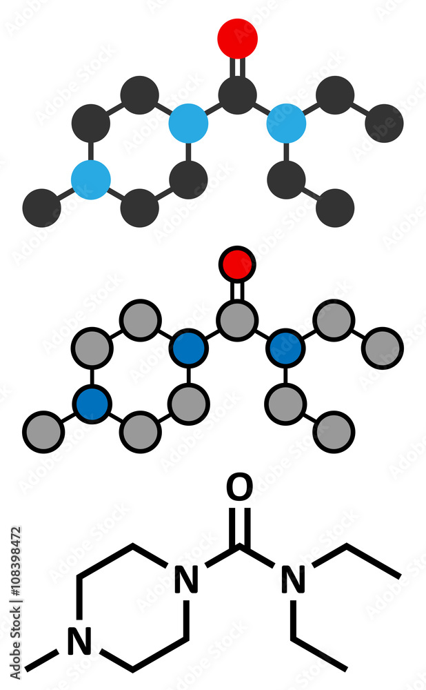 Diethylcarbamazine anthelmintic drug molecule. Diethylcarbamazine anthelmintic drug molecule.