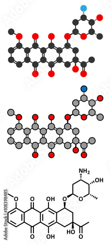 Daunorubicin (daunomycin) cancer chemotherapy drug molecule.