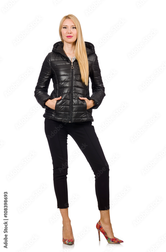 Caucasian woman wearing black jacket isolated on white Caucasian woman wearing black jacket isolated on white