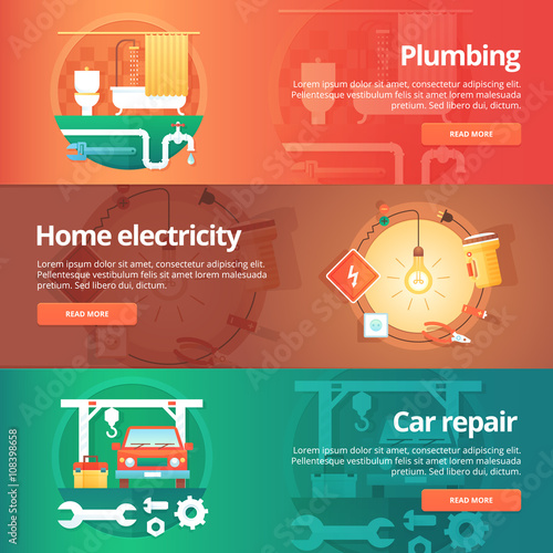 Construction and building banners set. Flat illustrations on the theme of home plumbing,  electricity, car repair service station. Vector design concept.
