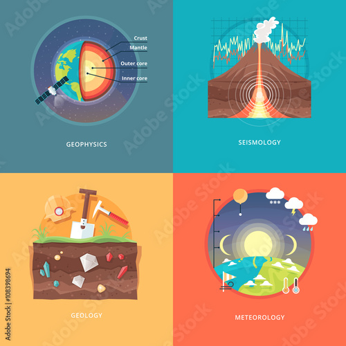 Education and science concept illustrations. Geophysics, seismology, geology, meteorology . Science of Earth and planet structure. Knowledge of athmospherical phenomena. Flat vector design banner.