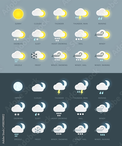 Flat colored weather icons collection with day and night variations. For weather forecast widgets and mobile apps. Weather symbols. Weather signs.