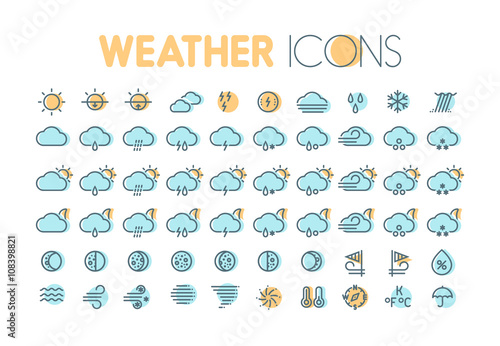 Weather icons. Weather forecast symbols and elements. Collection for weather widgets. 