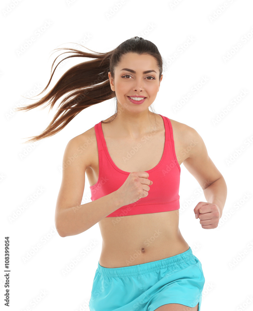 Sporty woman jogging isolated on white
