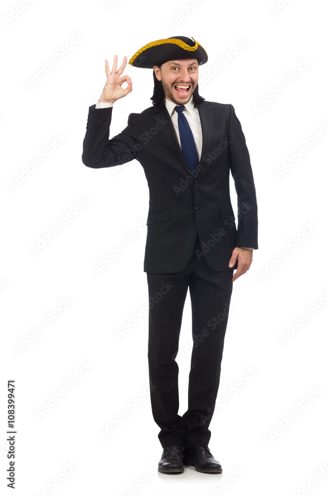 Young businessman wearing tricorn isolated on white Young businessman wearing tricorn isolated on white