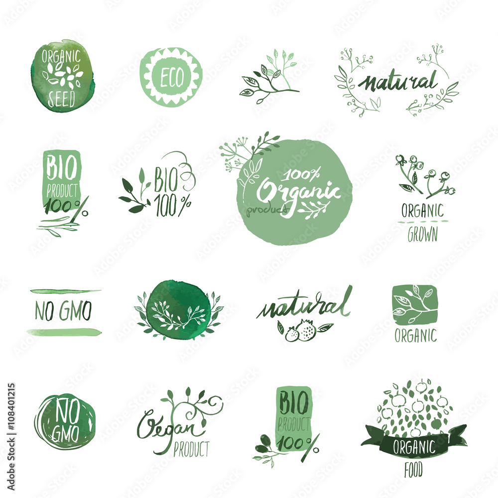 Set of organic food hand drawn watercolor badgesand elements. Vector illustrations for organic food and drink, restaurant and organic products. - obrazy, fototapety, plakaty 