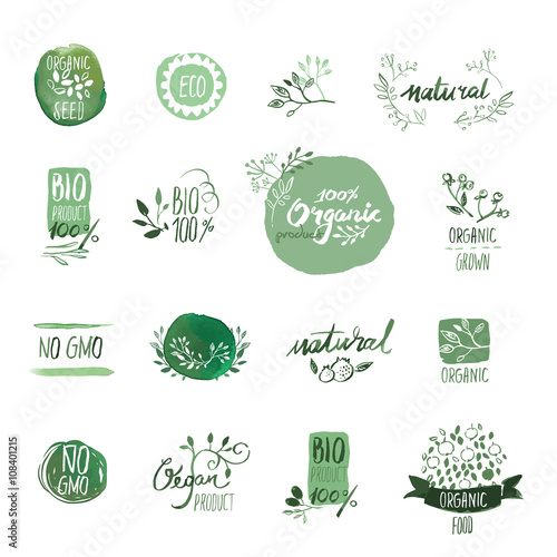 Set of organic food hand drawn watercolor badgesand elements. Vector illustrations for organic food and drink, restaurant and organic products. photo