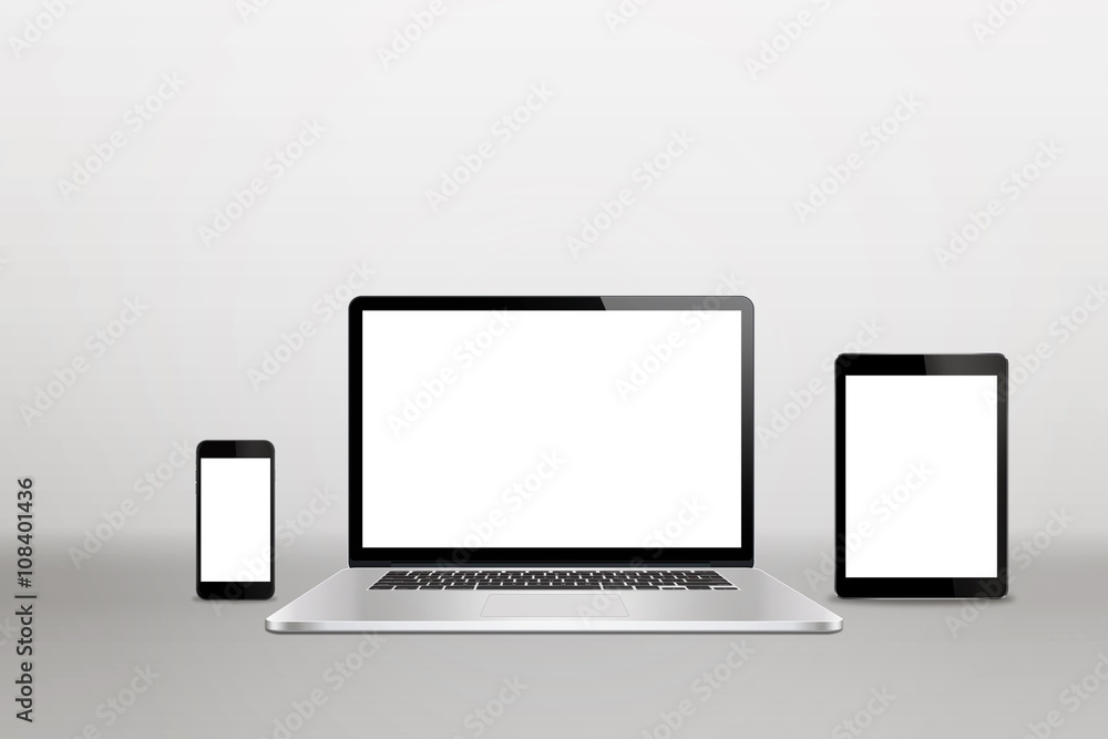 Devices with isolated white display for responsive web promotion. Laptop, tablet, smart phone on desk Devices with isolated white display for responsive web promotion. Laptop, tablet, smart phone on desk
