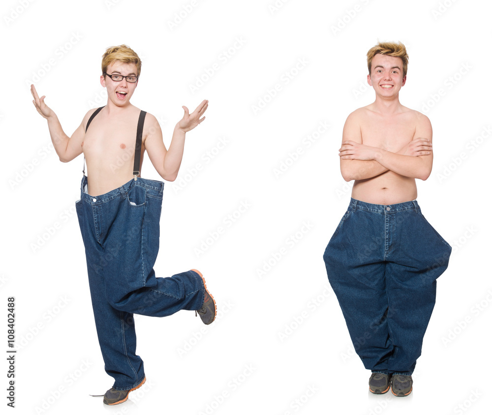 Funny man with trousers isolated on white