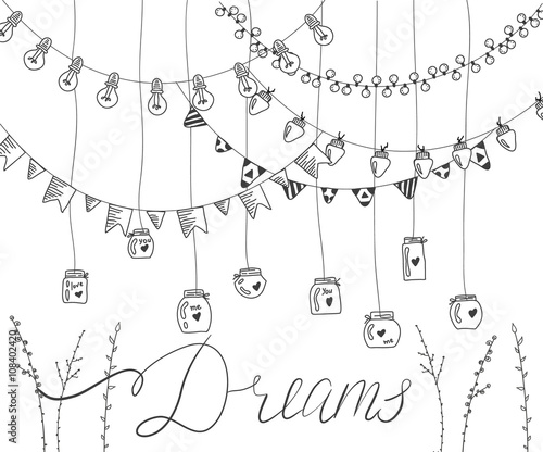 Set of hand drawn borders,garlands, jars, bottles with flowers. Lamps, lanterns,flags, flashlights. Plants, flowers, leaves. Decoration vector brushstroke set.Used brushes included.