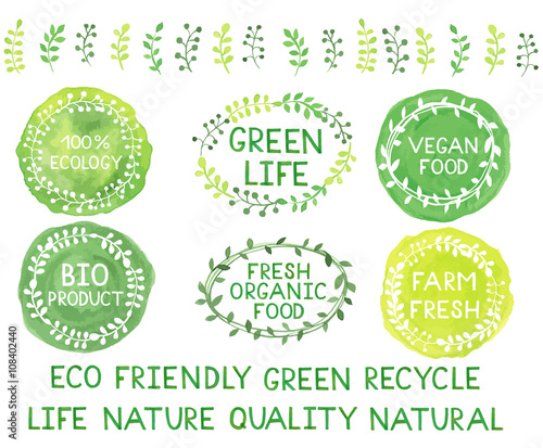 Set of watercolor green logos.Leaves,frames,badges,lettering, branches wreath,plant,laurels.Sign label,textured emblem set.Green life,ecology, vegan food, bio product,organic food,farm template.