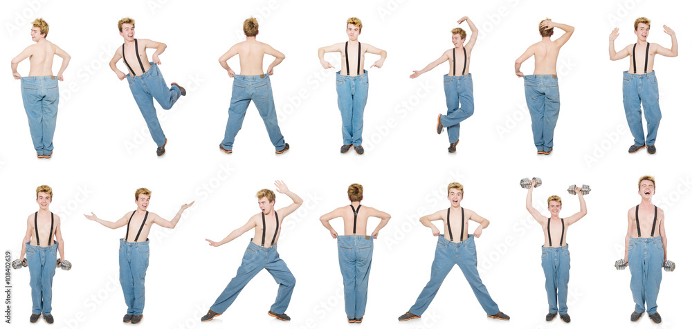 Obraz premium Funny man with trousers isolated on white