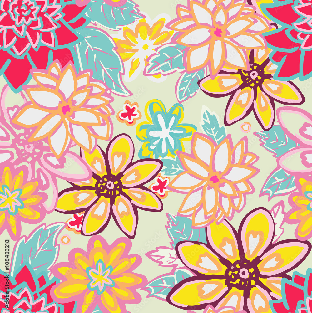 Seamless floral background.Isolated flowers and leafs on beige Seamless floral background.Isolated flowers and leafs on beige