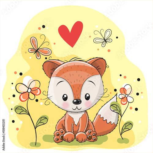 Fox with flowers and butterflies