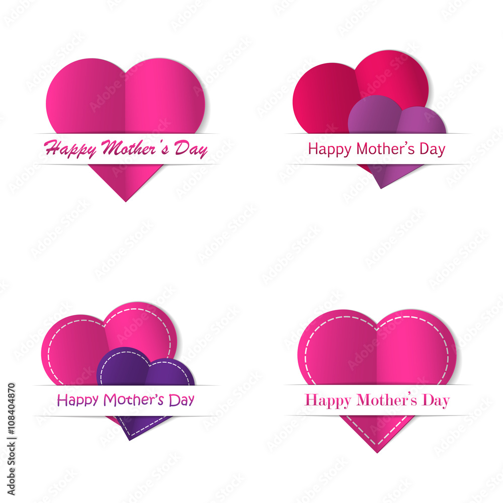 Happy Mother’s Day paper cut hearts set. Vector illustration.
