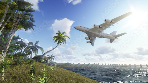 Airplane over island