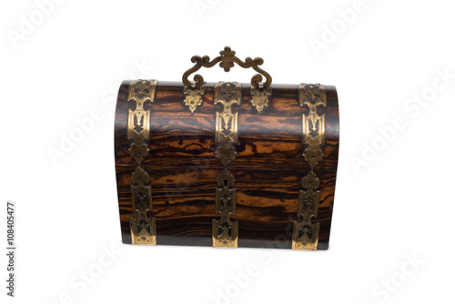 Front View of a Closed Antique Chest-Type Wooden Jewelry Box