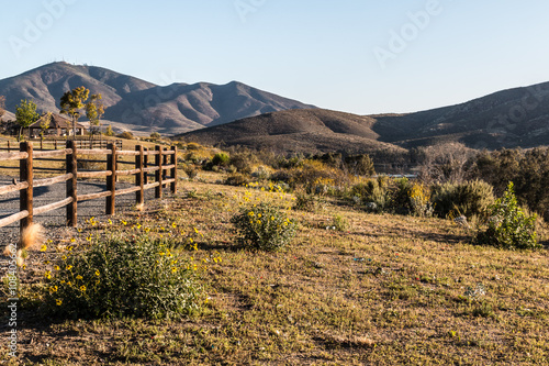 Fence line, flowers and mountain peak at Mountain Hawk Park in Chula Vista, California. 