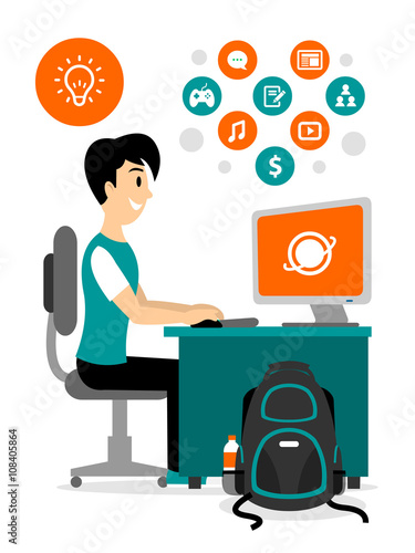 Teenage Boy Browsing Internet to Access Any Contents Clipart