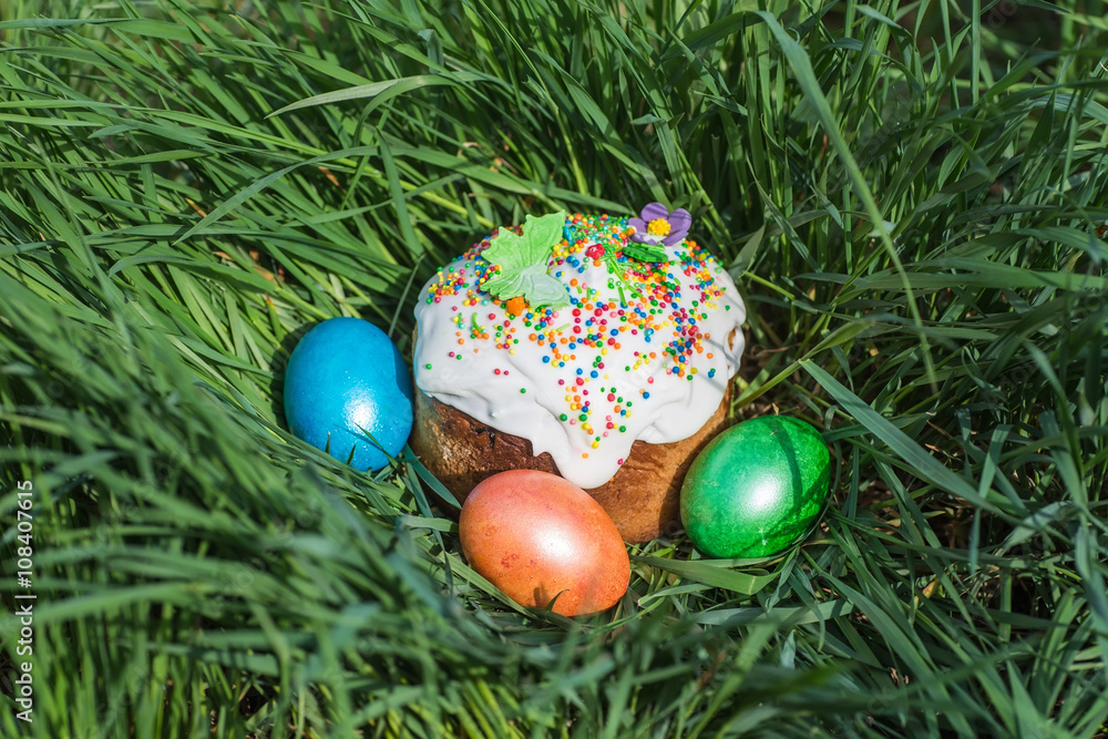 Traditional Easter sweet bread and painted eggs Traditional Easter sweet bread and painted eggs