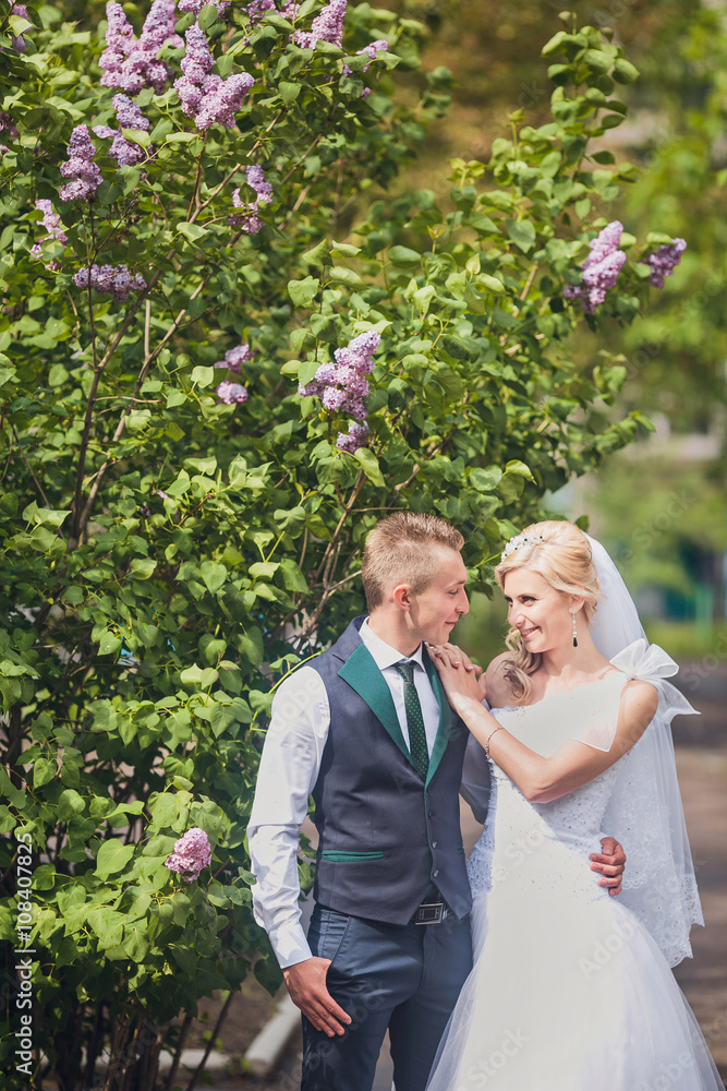 Young wedding couple enjoying romantic moments outside on a summer meadow Young wedding couple enjoying romantic moments outside on a summer meadow