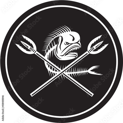 Skull Mahi Mahi Dolphin Fish Crossed Spears Circle Retro