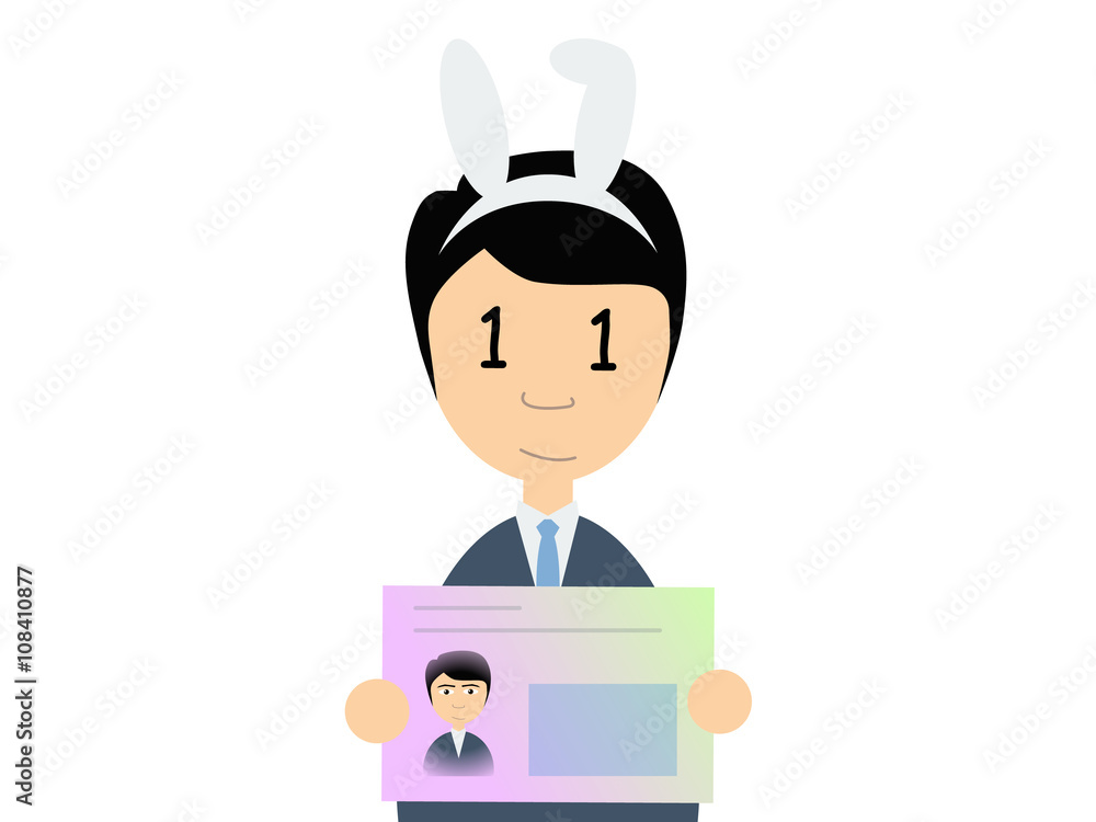 Flat vector illustration of a man in business suit holding Japanese my number card. My number is a social security number in Japan started in 2015. Flat vector illustration of a man in business suit holding Japanese my number card. My number is a social security number in Japan started in 2015.