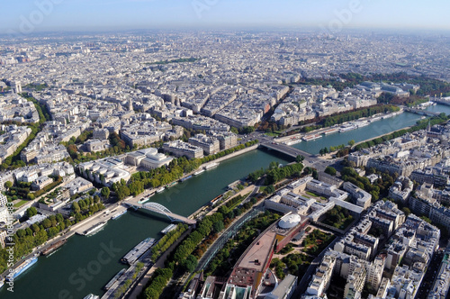 Aerial view of River Seine Paris, France, taken from top of Eiffel Tower