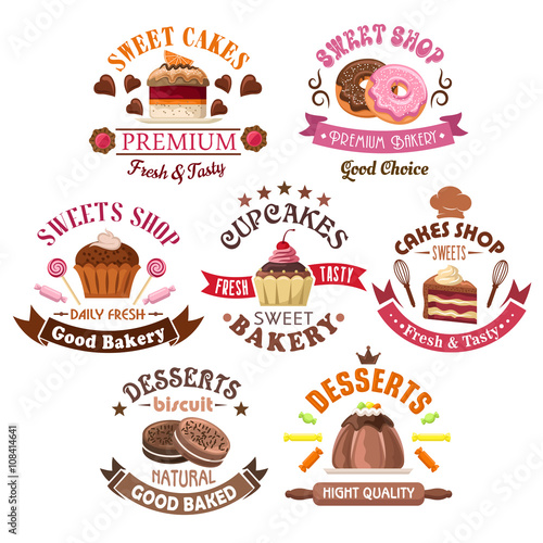Pastry, bakery, cake shop symbols in retro style