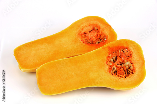 butternut squash cut in halves isolated on white background