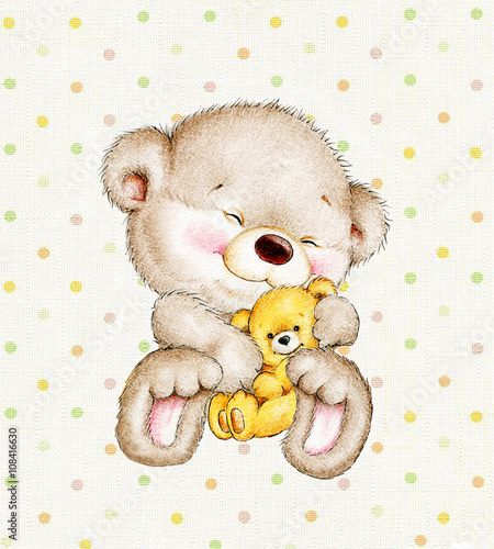 Cute Teddy bear with baby on a polka dots background
