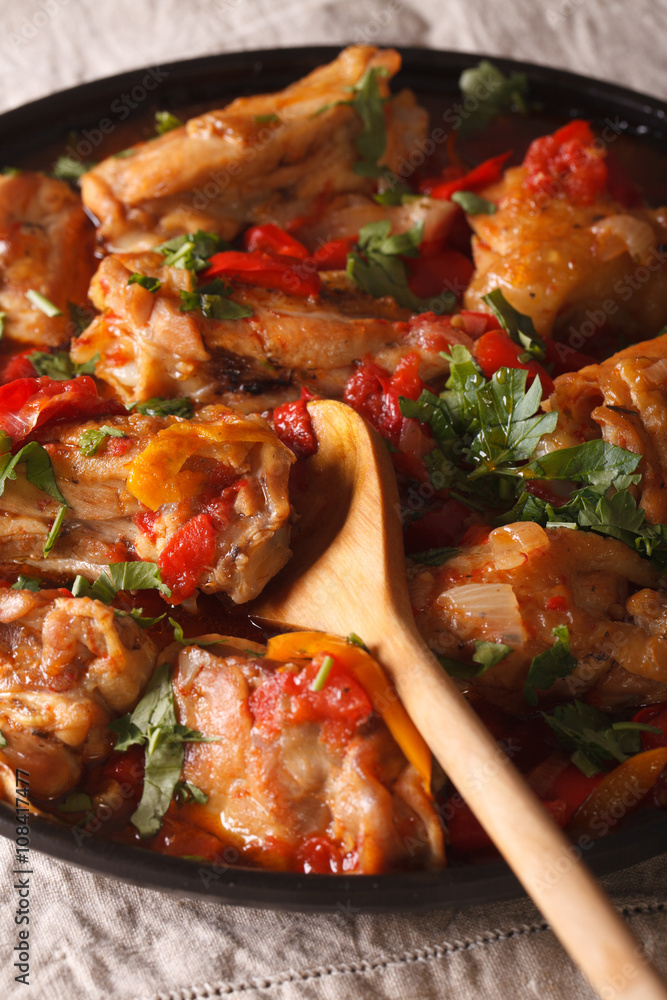 Chicken stew with vegetables and spices - chakhokhbili close-up. vertical
Chicken stew with vegetables and spices - chakhokhbili close-up. vertical