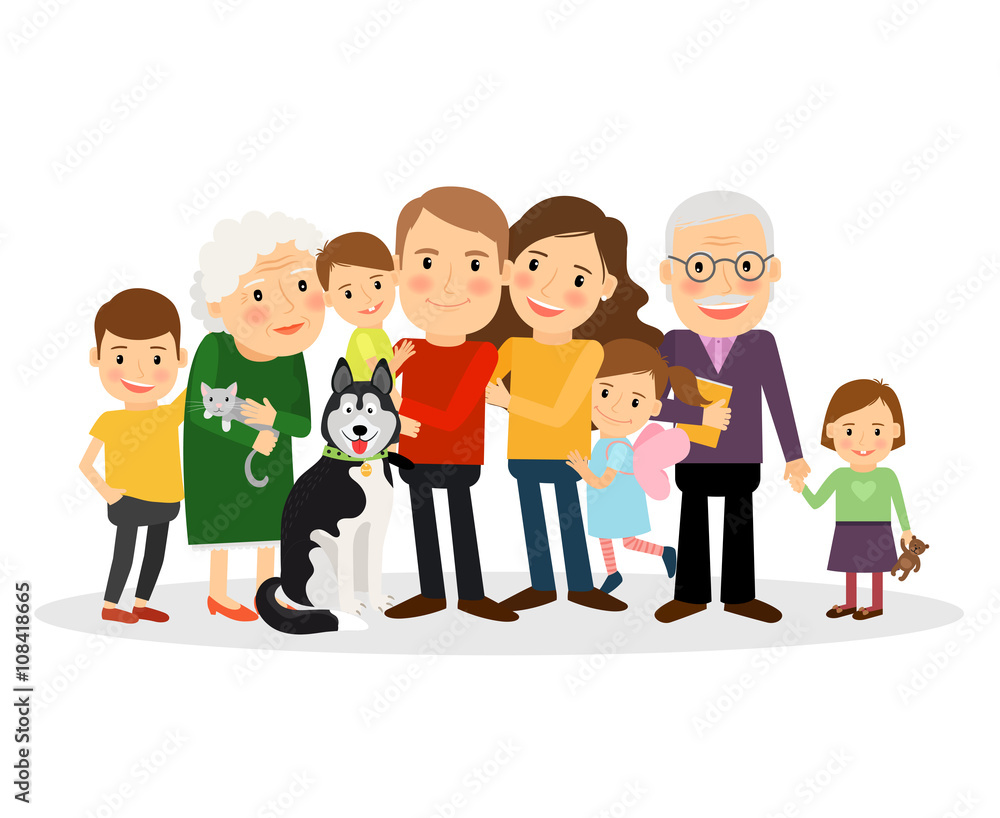 Cartoon family portrait. Big family together. Vector illustration Cartoon family portrait. Big family together. Vector illustration