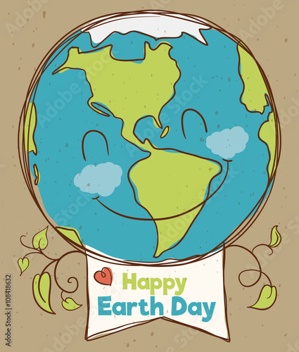 Happy Planet with Earth Day Sign, Vector Illustration