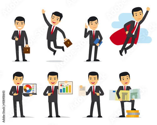 Cartoon businessman poses. Businessman isolated on white vector illustration