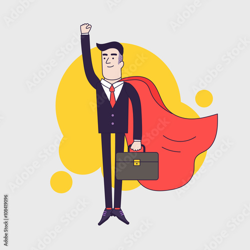 Young serious businessman superhero flying with leather briefcase and red cloak. Businessman with leadership skills
